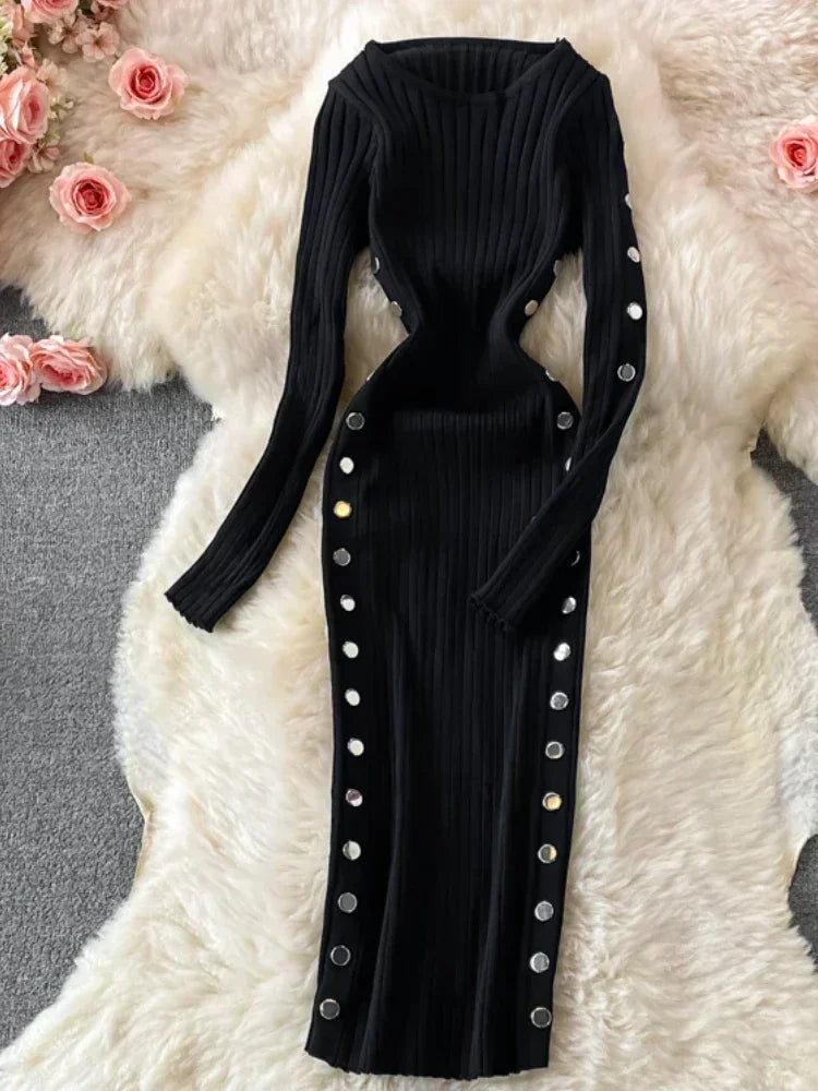 Winter Women's Knitted Sweater Dresses O-Neck Long Sleeve Slim Side Double Row Buckle Hip Wrap Dress Ladies Sheath Dress Autumn Black One Size