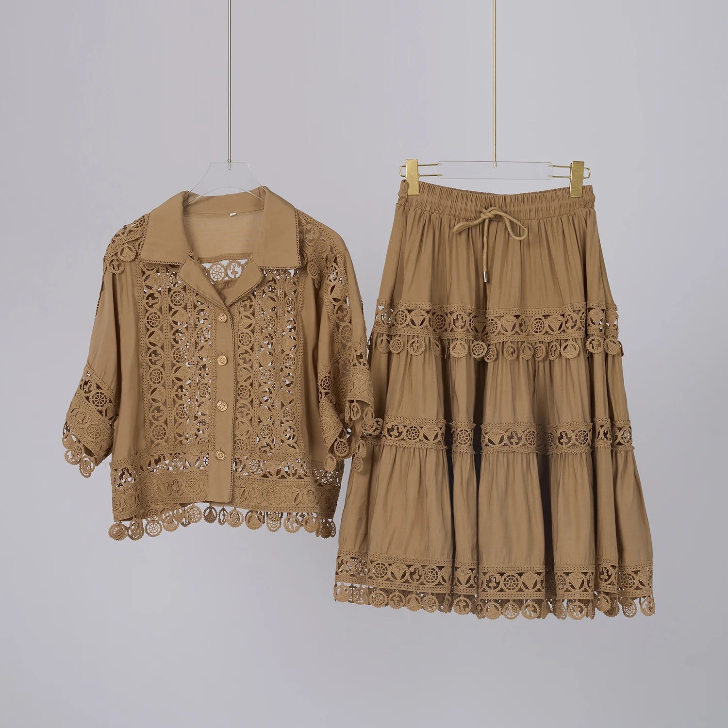 Embroidery 2 Pieces Set Women Hollow Out Loose Shirt Tops + Elastic Waist Midi Skirts Suit Summer Vacation Lace Ladies Outfit hkaki