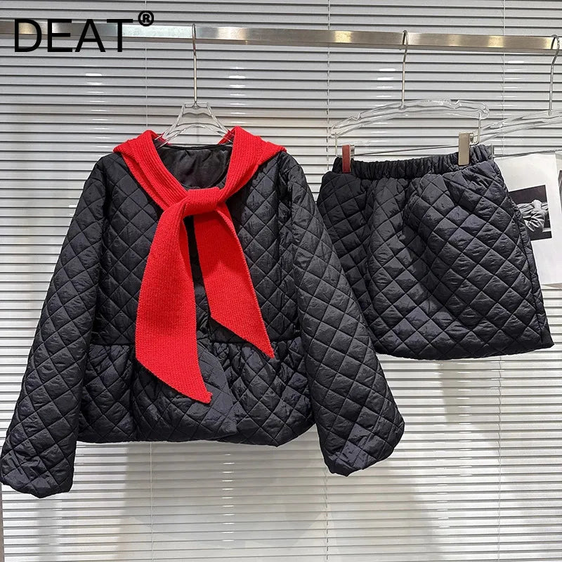 Winter New Temperament Knitted Hooded Scarf Cotton Padded Jacket Elastic Waist Short Skirt Set For Women 11A07798