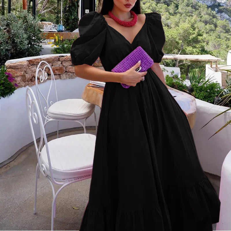 Elegant Women's New Maxi Dress Casual Short Sleeves V Neck Fashion Solid Color Simple Female Dress Summer Party Bohemia Dresses