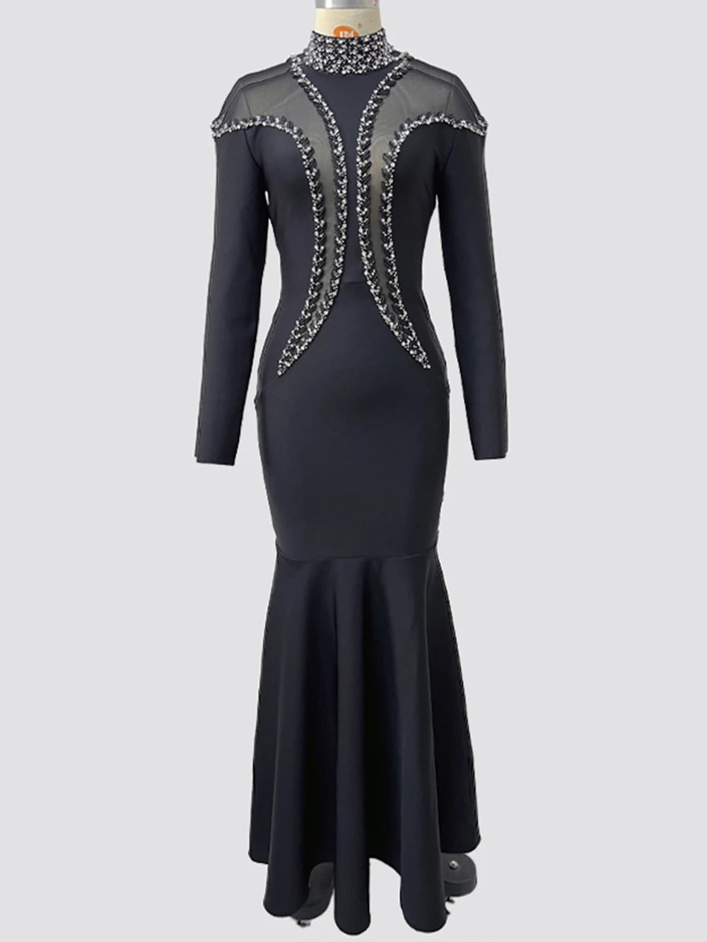 Newest Fashion 2025 Designer Party Vestido Women'S Diamonds Mesh Long Sleeves Bodycon Mermaid Long Maxi Dress