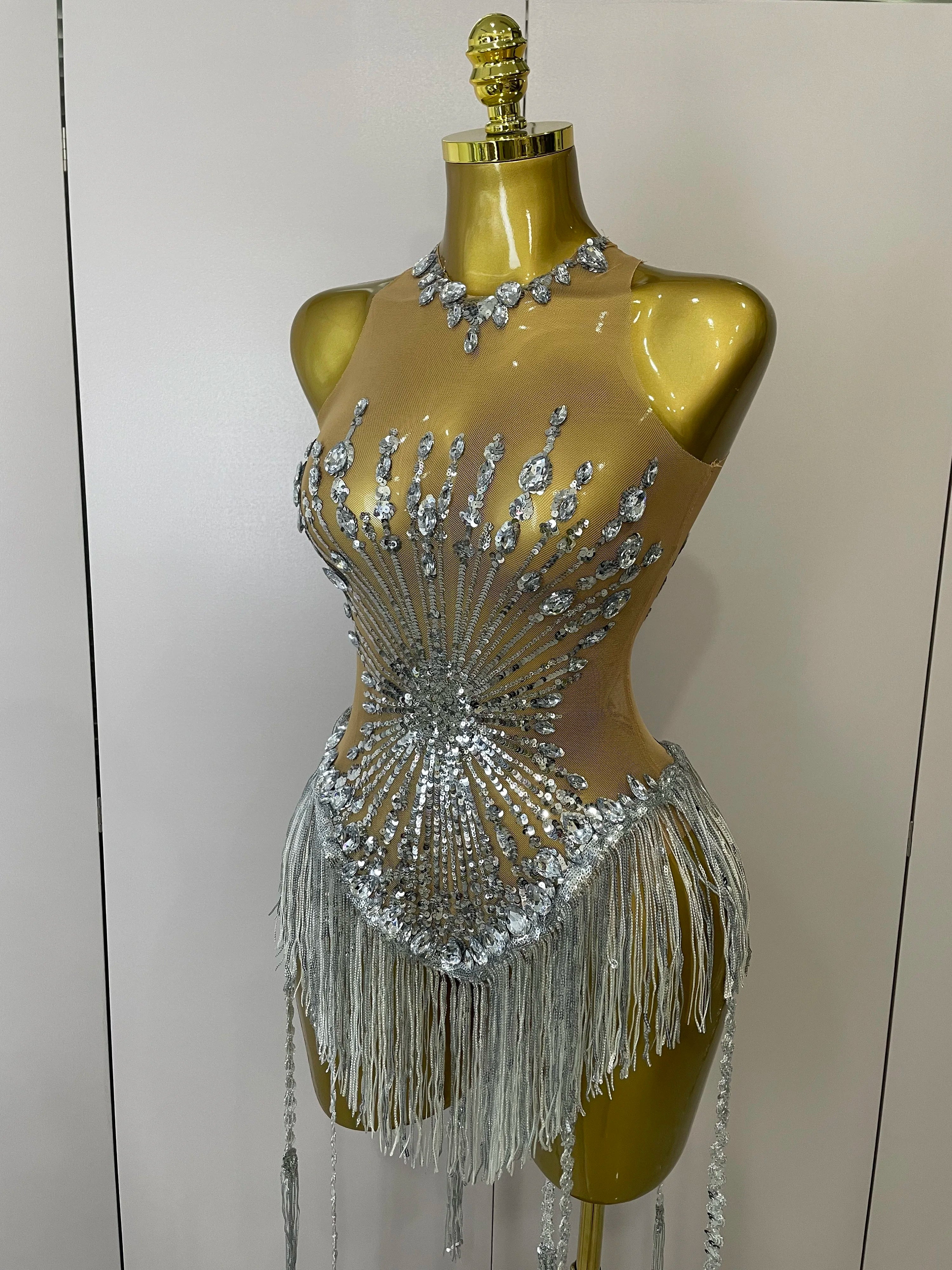 STOCK Sliver Sequins Shining Diamonds Sexy Mesh Long Tassel Bodysuit Women Nightclub Party Birthday Stage Performance Costume