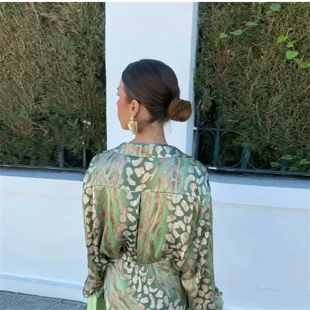 Taop&Za Women's Elegant Silk Texture Printed Long sleeved Shirt/High Waist Printed Half skirt Long skirt