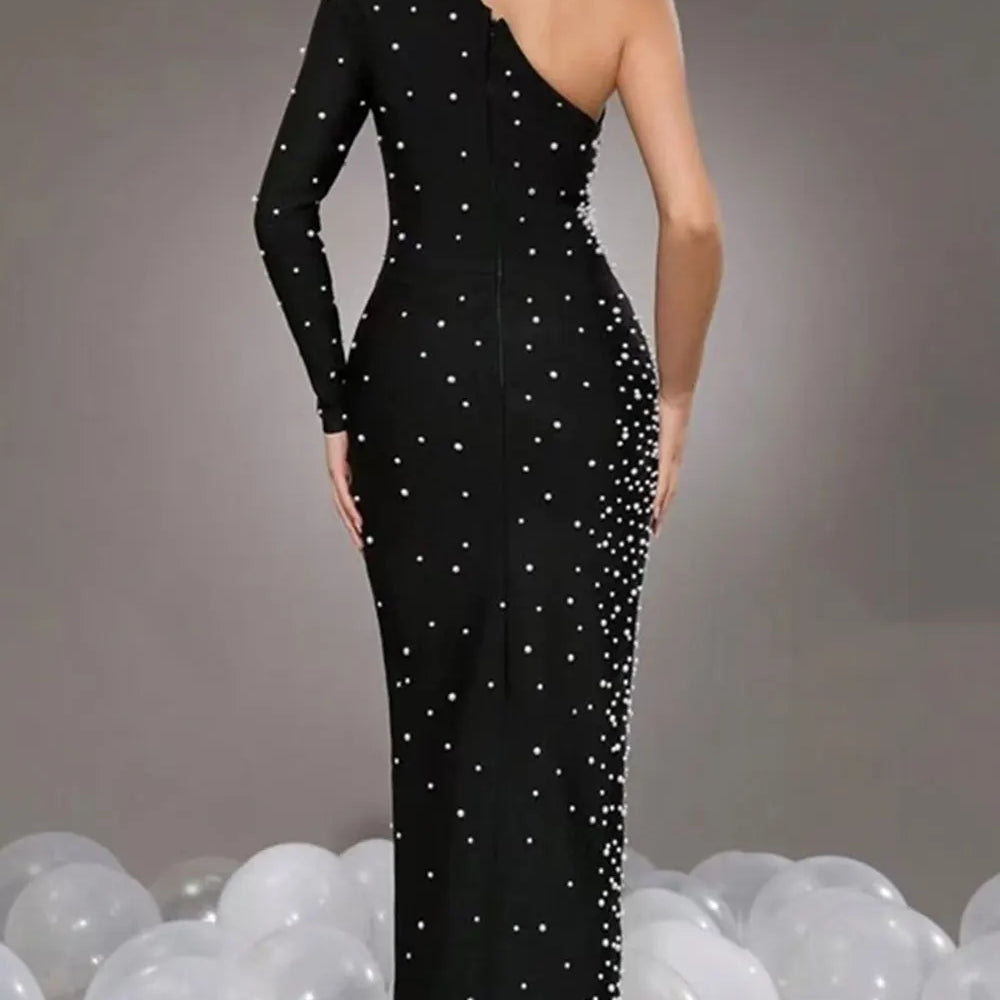2024 Sexy Women's Light Luxury Pearl Design Bandage Dress with Diagonal Collar One Shoulder Long Sleeve Bodycon Christmas Dress