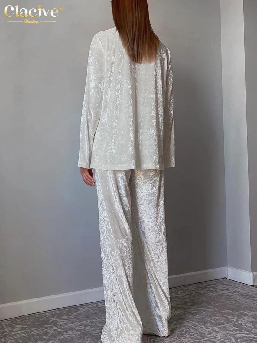 Clacive Winter Loose Home Suits Fashion White Velvet Pants Set Elegant Lapel Long Sleeve Blouses Two Piece Sets Womens Outifits