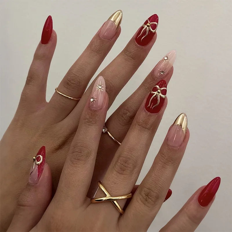 24Pcs Dark Red Almond False Nails with 3D Metal Bow Designs Nail Art French Love Cherry Nails Full Cover Press on Nails Hot Girl 2