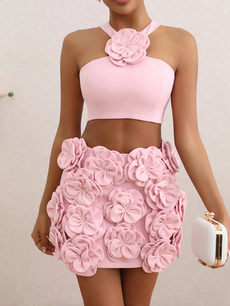 Women Celebrity Sexy Tank Flower Backless Pink Mini Summer Skirt Set 2024 Elegant Evening Club Party Outfits Pink