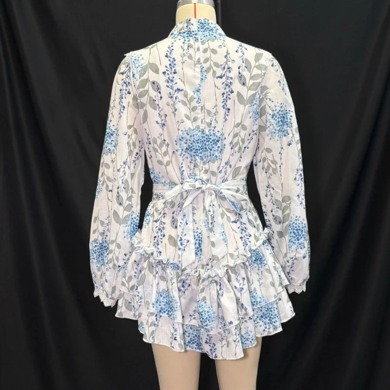 Hit Color Spliced Printing Elegant Dresses for Women High Waist Long Sleeves Patchwork Ruffles Folds Dress Female