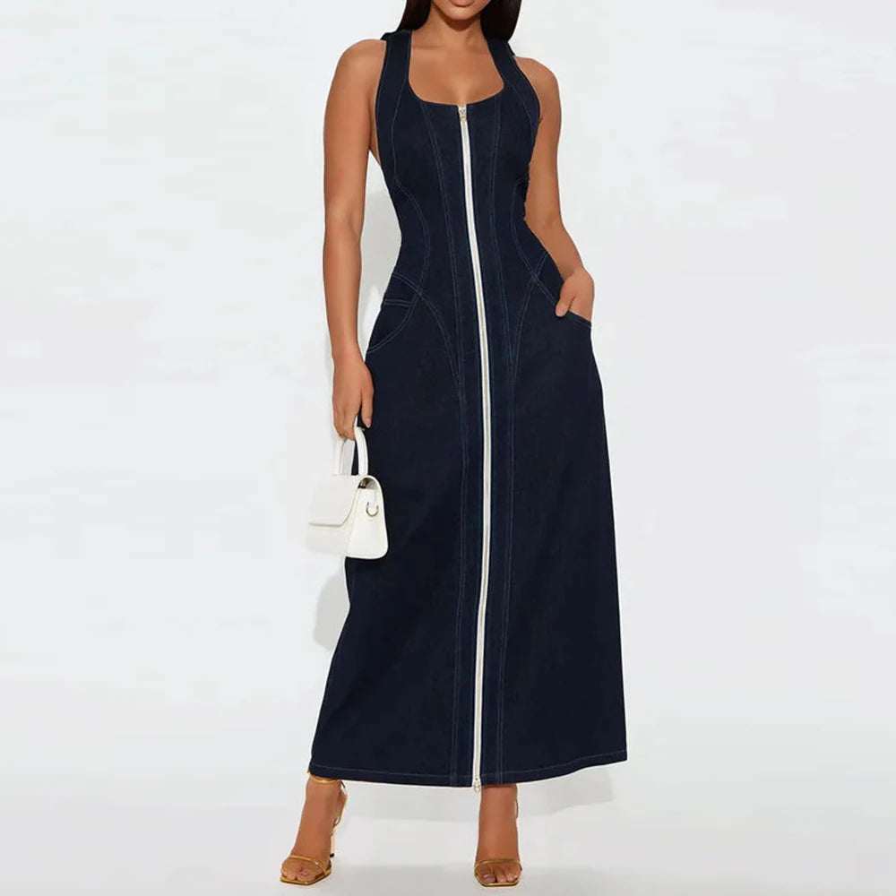 Solid Slimming Spliced Zipper Cowboy Dresses for Women Halter Neck Sleeveless Temperament Dress Femlae Fashion New DARKBLUE