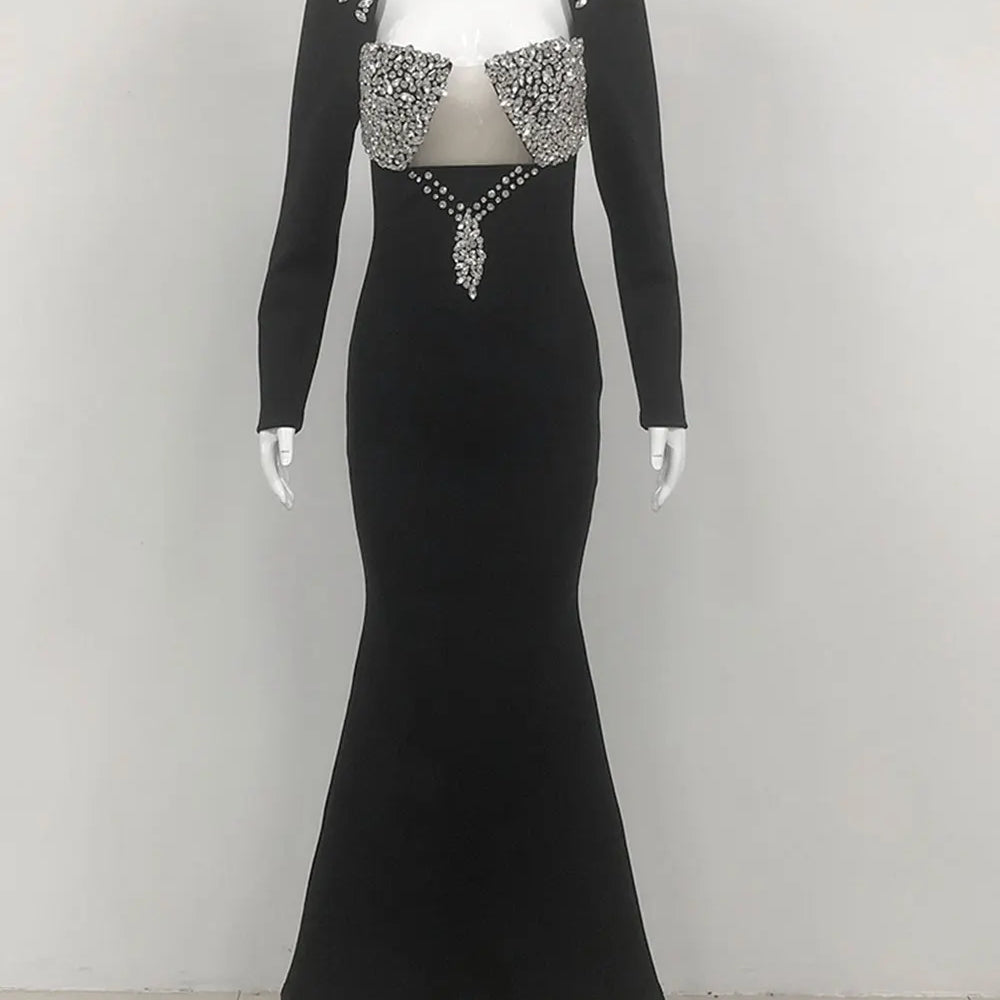 Elegant Light Luxury Nail Diamond Tail Dress Women Long Sleeve Bodycon Bandage Dress Celebrity Evening Party Long Dress Vestidos black