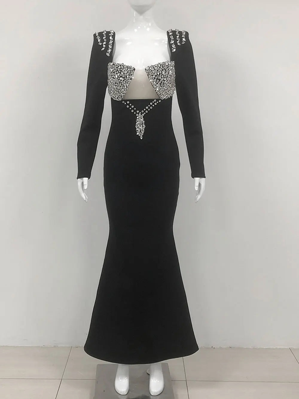 Elegant Light Luxury Nail Diamond Tail Dress Women Long Sleeve Bodycon Bandage Dress Celebrity Evening Party Long Dress Vestidos black