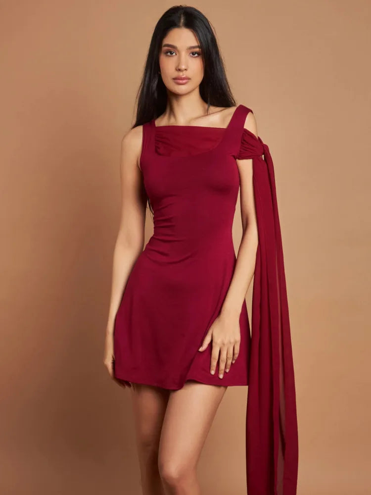 Sexy Sleeveless Elegant Bodycon Ribbon Slim Fit Mini Dress For Women High Waist Robe Off-shoulder Sexy Club Party Dress Burgundy