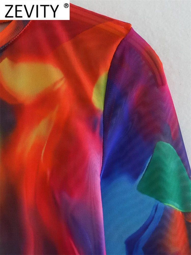 Zevity Women Vintage Ink Painting Graffiti Print Mesh Yarn Slim Bodysuits Ladies Sexy Perspective Playsuits Mujer Rompers LS2633