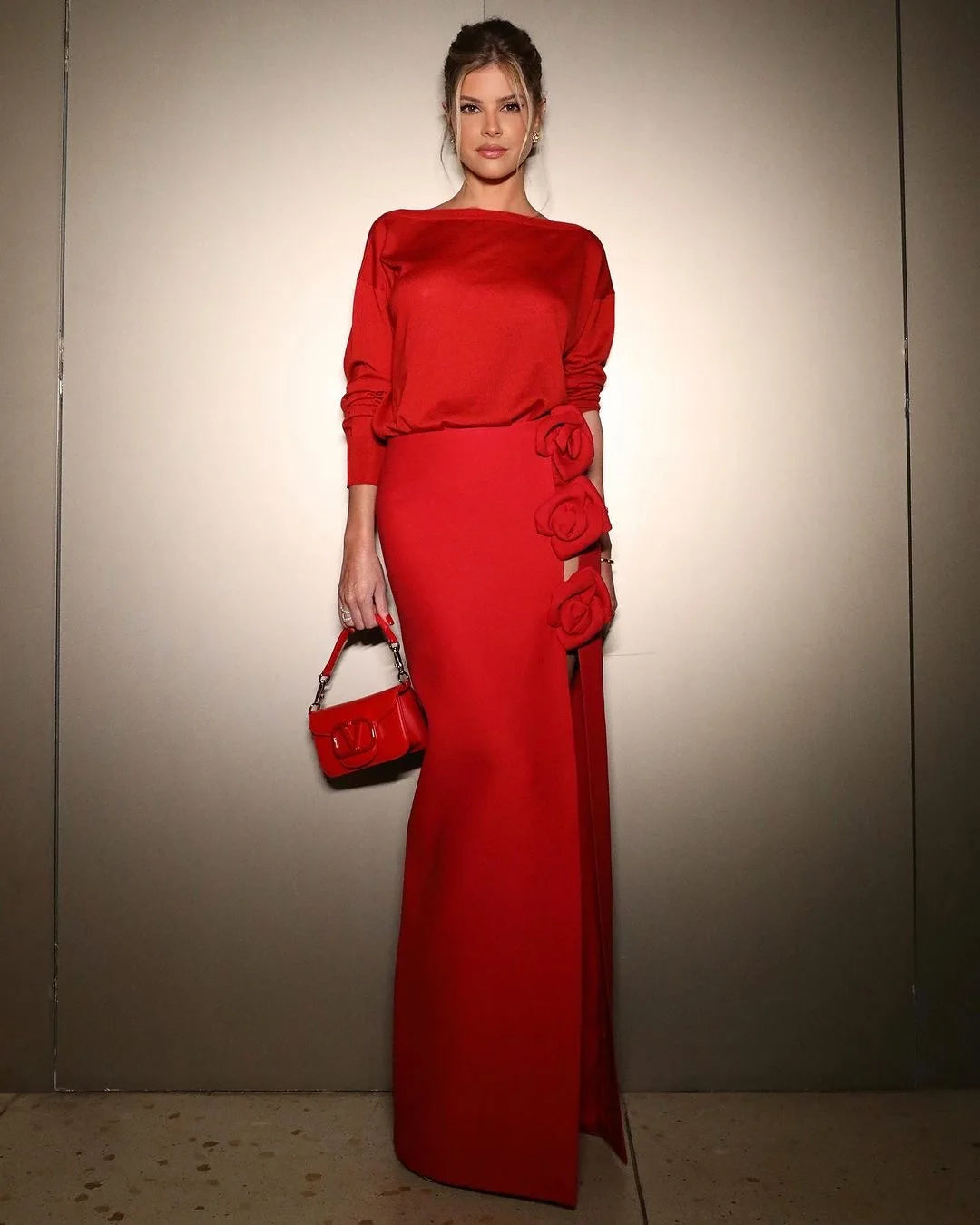 Rose Decoration Sexy High Split Red Bandage Long Shikt Fashion Graceful woman Item Evening Party Outfit