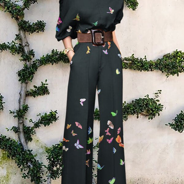 Print Jumpsuit Women Autumn and Spring 2024 New Fashion Long Sleeve Lapel Loose Casual Elegance Green Jumpsuits Black