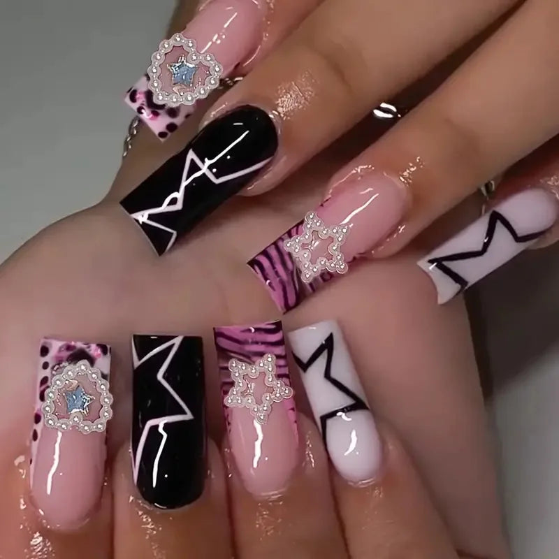 24Pcs Extra Long Square Press on False Nails with Butterfly Design Flowers Bow Pink Full Cover Nails Wearable Fake Nail Manicure 170