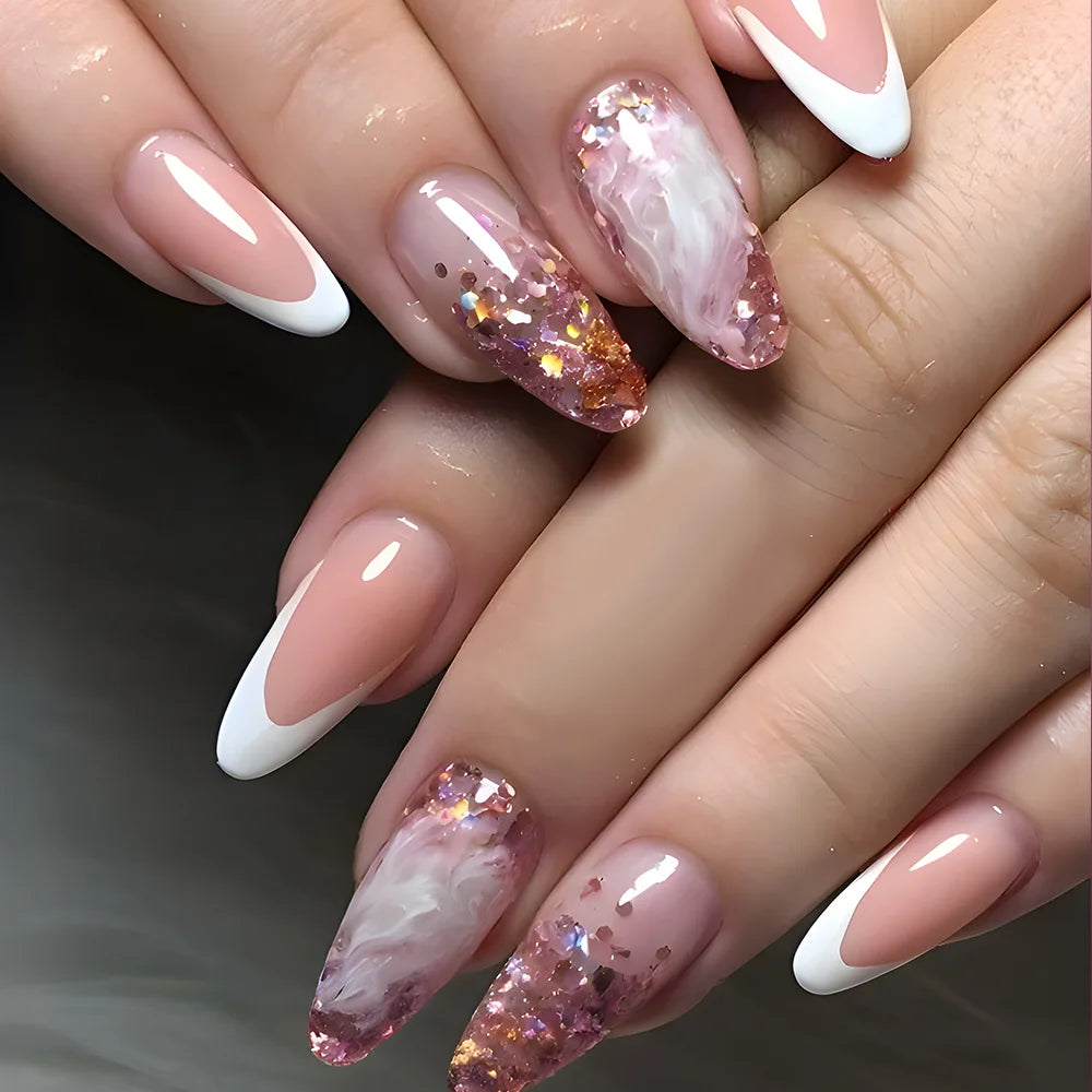 24pcs/set short medium fake nails square ballet tips new year red gradient colors with glitters faux ongles press on false nail 1543