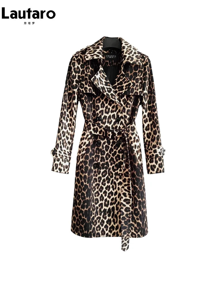Spring Autumn Long Stylish Leopard Print Trench Coat for Women Belt Double Breasted Casual Luxury Designer Clothes 2023