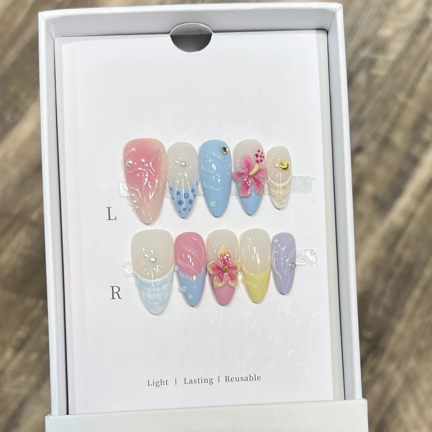 10Pcs Medium Almond Nail Tips Art with Colorful French 3D Flowers Wave Stripe Beauty Nails Artificial Wearable False Nails Tools