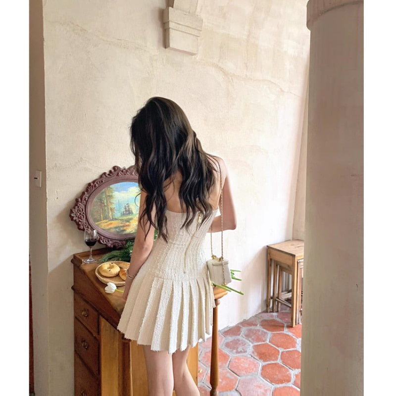 Robe d'été en Tweed à boutons dorés pour femmes, col licou, bretelles, Style coréen, ligne a, élégante, robe de soirée, Mini, 2023