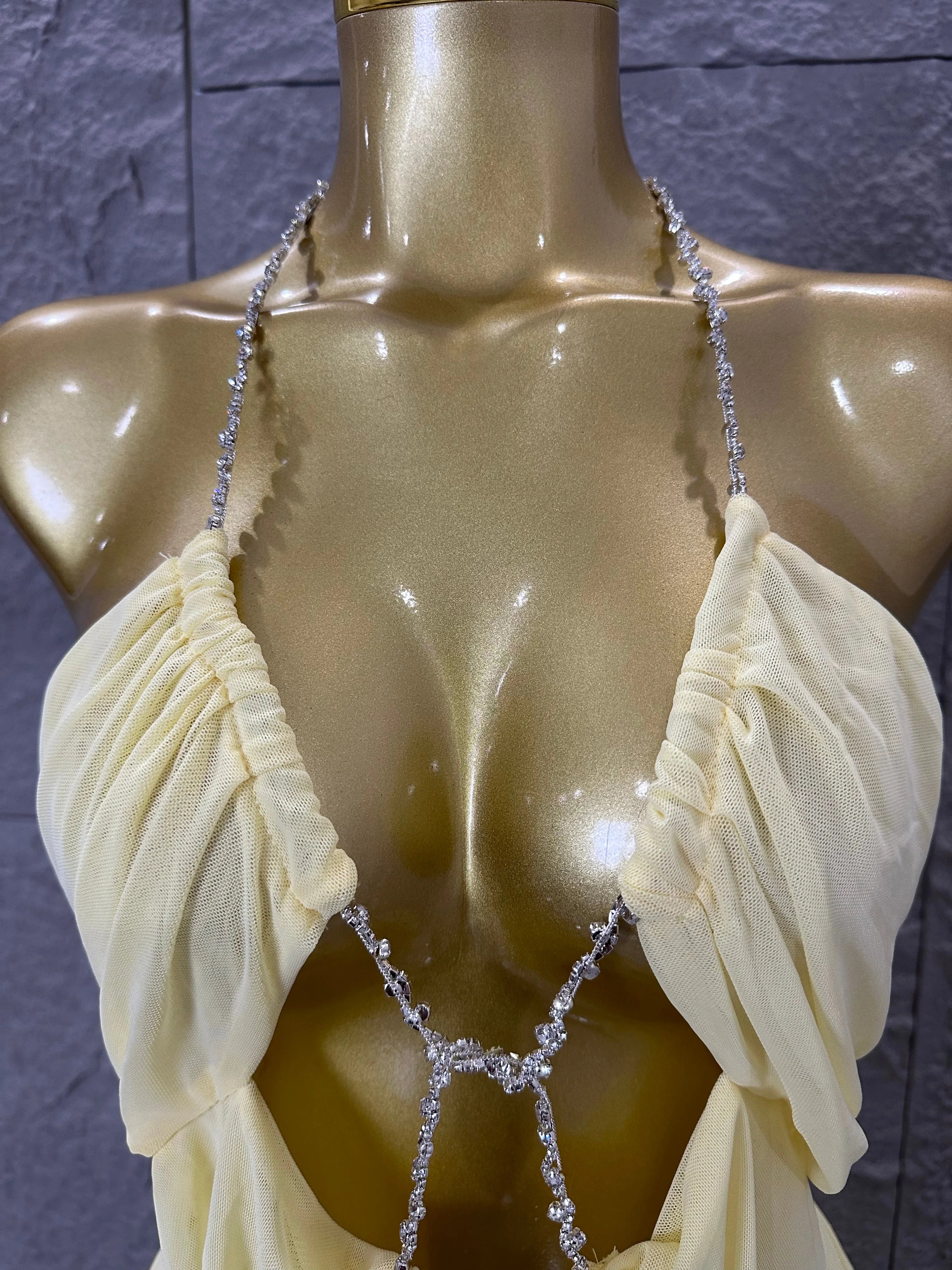 Sexy Halter Neck Maxi Dress Crystal Chain Cutout Ruched Women Sheer Mesh Form Outfit Glamorous Evening Gala Party Costume