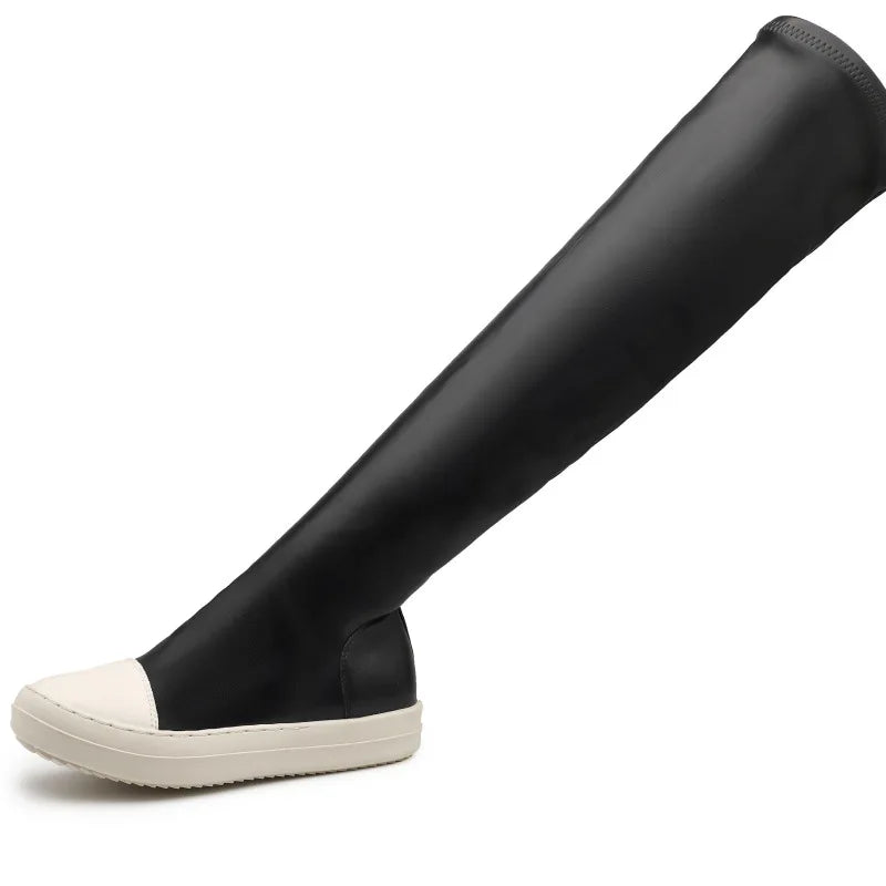 Women Stretch Tight Boots Flat Thick Bottom Shoes Women's Over-the-knee Boots Casual Black Leather Women's Thigh High Boots 2024