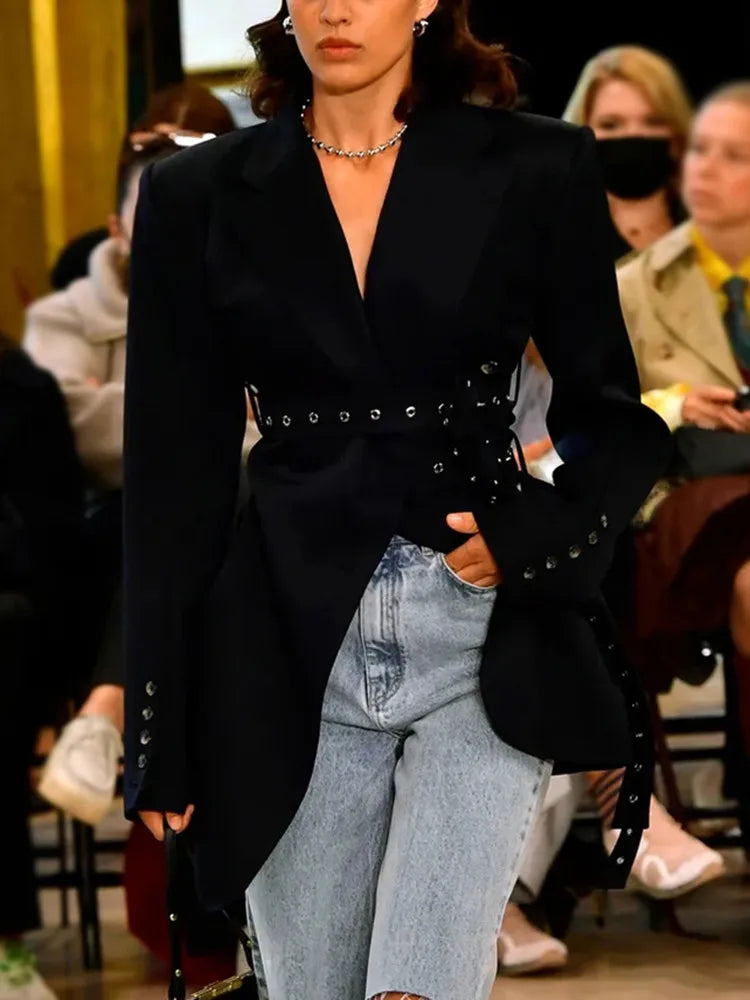 Patchwork Belt Chic Blazer For Women Notched Collar Long Sleeve Spliced Pocket Temperament Blazers Female Fashion BLACK