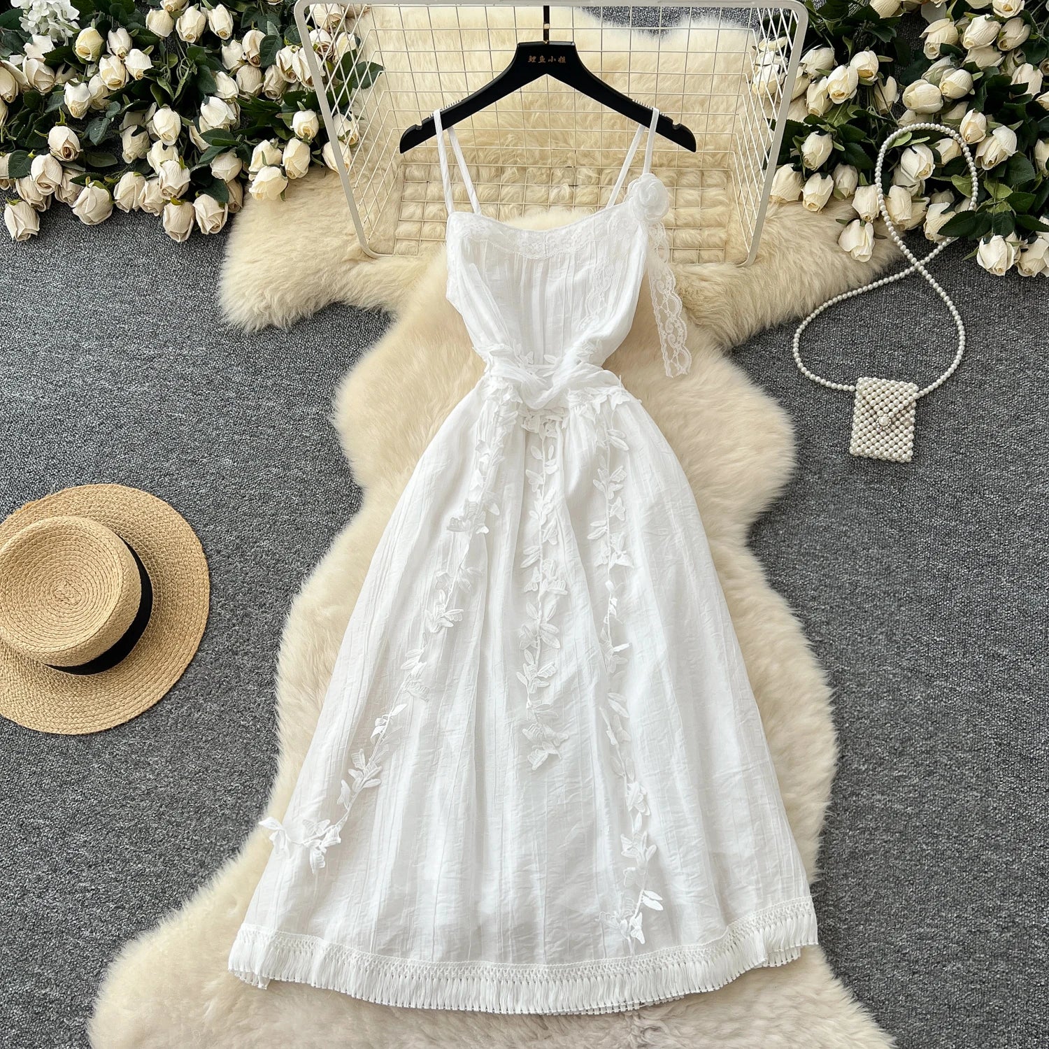 Chic Three-dimensional floral Embroidered lace Elegant Korean Fashion Fairy Sexy High Waist Summer Women Beach Vacation Robe WHITE