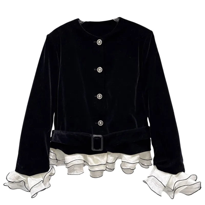 Winter New Fashion Chiffon Lace With Belt Velvet Fabric Cotton Short Coat For Women High Waist O-neck Jacket 11A07695