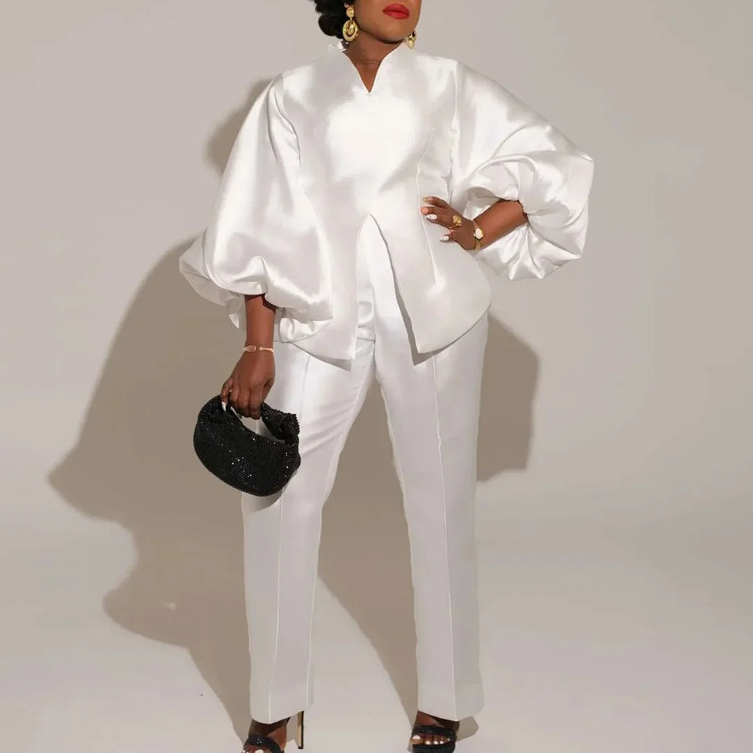 Women Two Pieces Pants Sets Outfits Blouse & Long Trousers Fashion Ladies Formal Business Work Wear Matching Sets Clothes Outfit White Sets