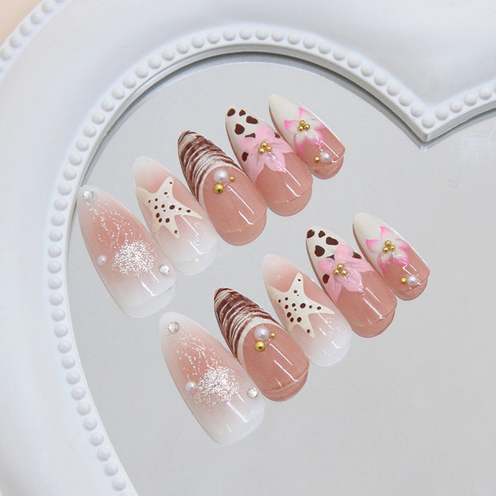 Blush Pink Almond Fake Nails 24Pcs Y2K Girls French Press On Nails Flower/Starfish Printed Full Cover Acrylic False Nails As show