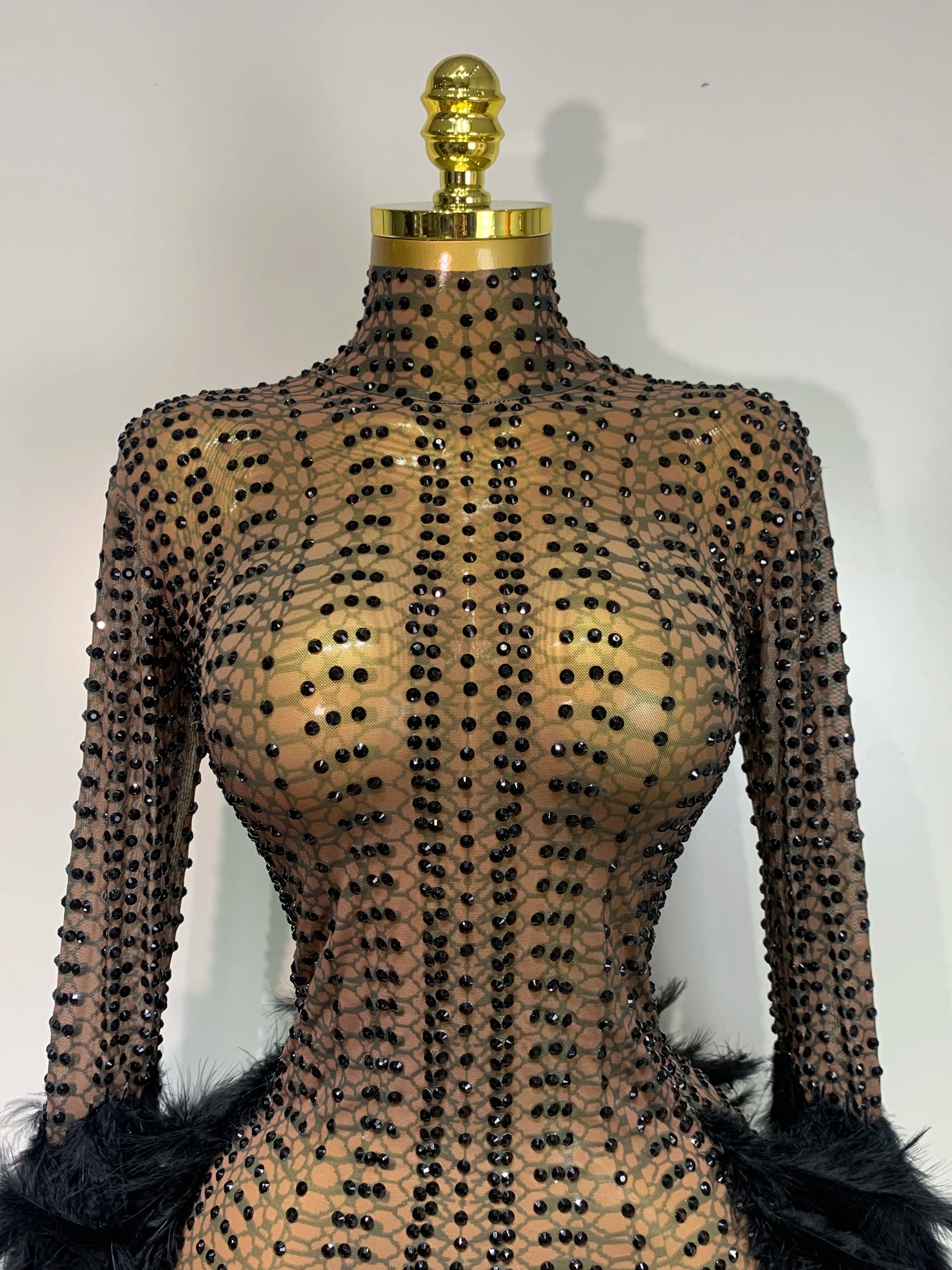 Women Luxury Birthday Dress Rhinestones Mesh Feathers Bodycon Mini Celebrity Evening Club Party Dress Nightclub Stage Outfit