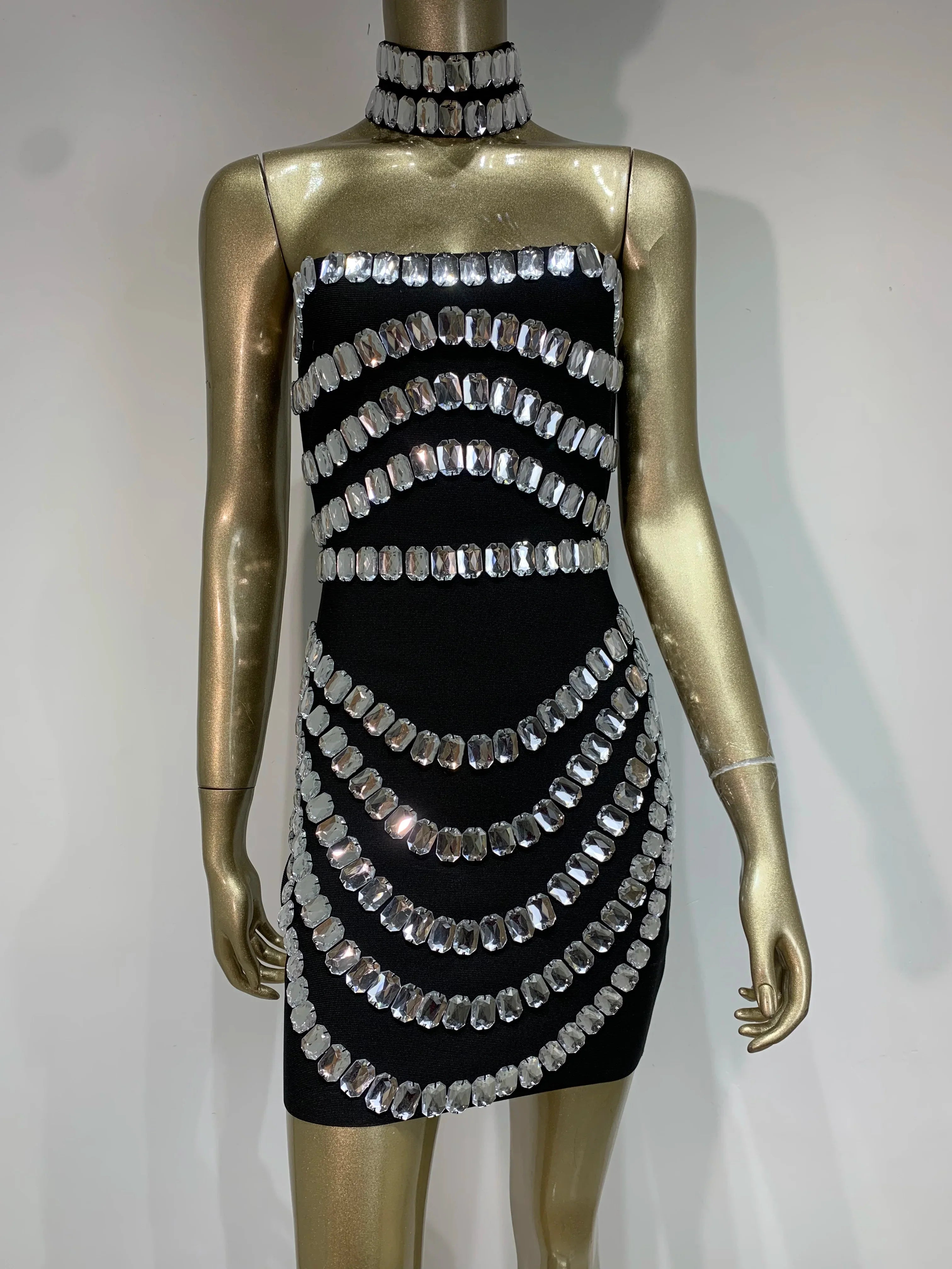 Women Summer Celebrity Sexy Strapless Beading Black Mini Bodycon Bandage Dress 2025 Elegant Evening Club Party Dress