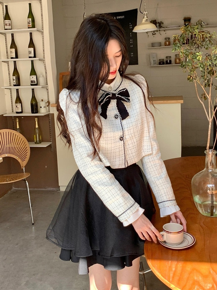Ensemble 2 pièces élégant et Vintage pour femme, blazer doux, costume Y2k, haut court + Mini jupe, vêtements à la mode coréenne, printemps