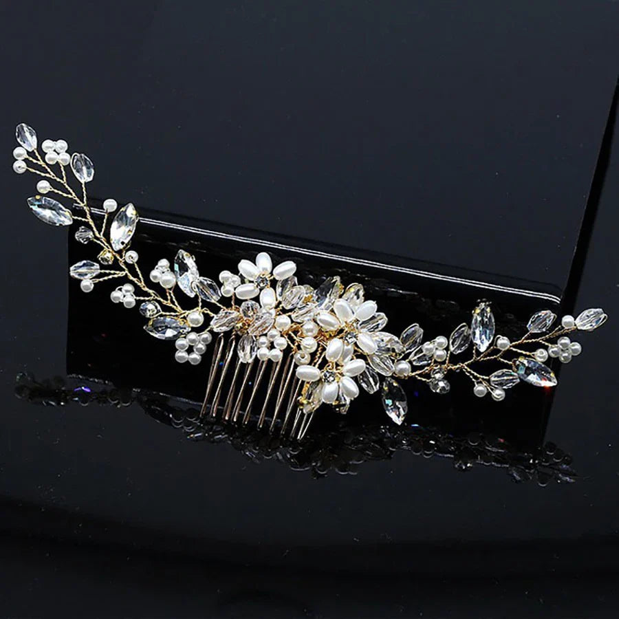 Color Crystal Pearls Wedding Hair Combs Miraculous Women Headbands Accessories Flower Bridal Headpiece Clip Bride Jewelry Gift gold