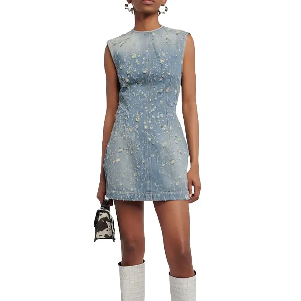 Denim Hollow Out Dresses For Women Round Neck Sleeveless Tunic Patchwork Pockets Vintage Dress Female Fashion Style BLUE