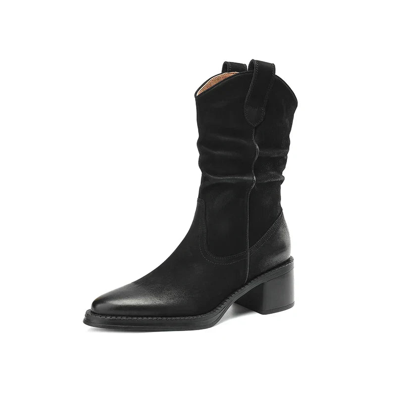 New Autumn/Winter Women Boots Round Toe Chunky Heel Shoes Western Boots Zapatos De Mujer Ankle Boots Genuine Leather Shoes black