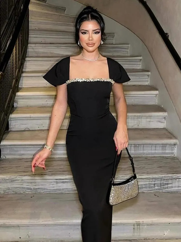 Women Celebrity Sexy Beading Diamonds Blue Red Black Maxi Long Bodycon Bandage Dress 2025 Elegant Evening Club Party Dress