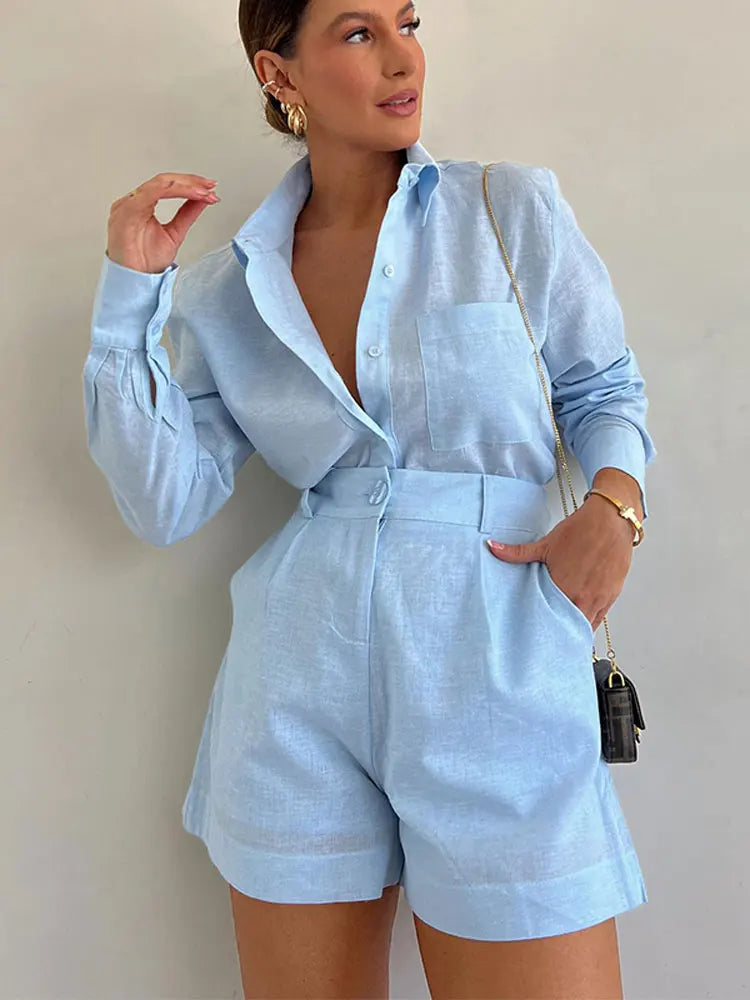fashion summer cotton linen loose ruffle shorts suits women long sleeve drawstring pullover 2 pieces set casual beach suits Blue