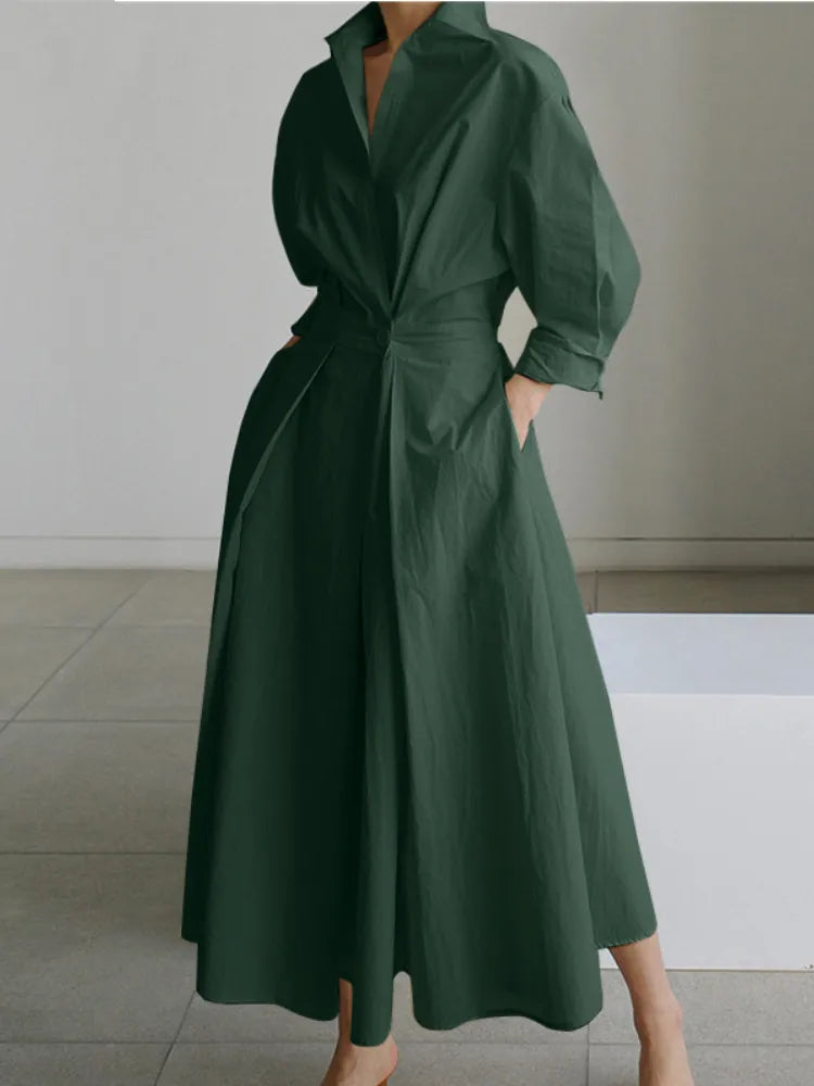 S-5XL Korean Fashion Long Sleeve Shirt Dress Chic Turndown Neck Ruched Maxi Dress Women 2022 Autumn Winter Clothes Streetwear green