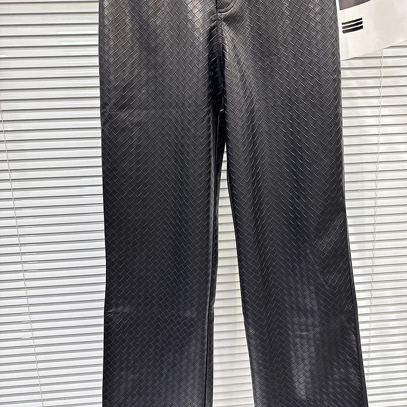 Winter New Fashion Plaid PU Leather Design Straight Pants For Women Black High Waist Streetwear Casual Pant 11A07828