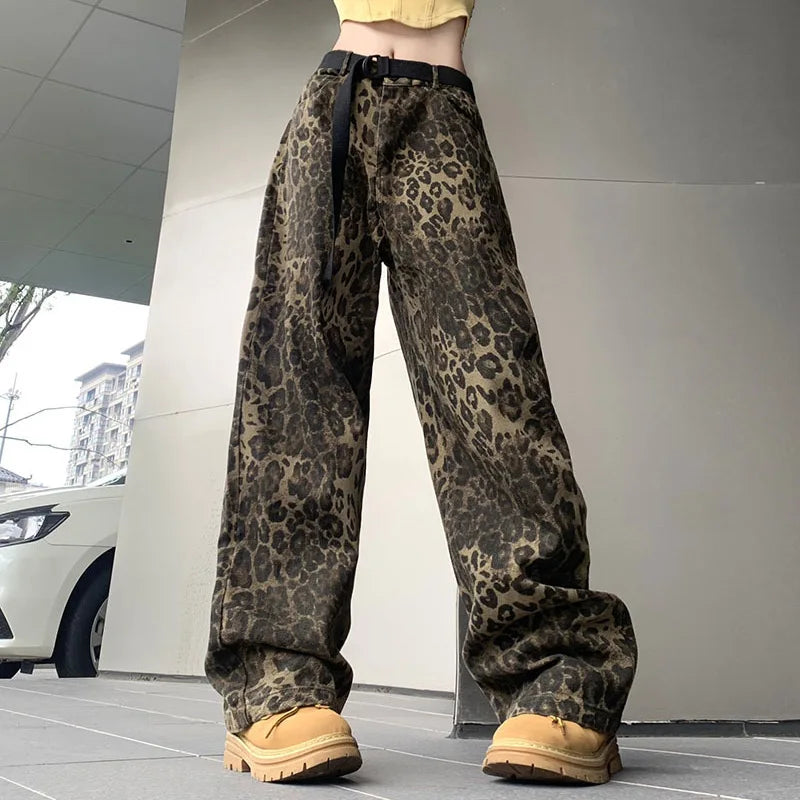 Woman Vintage Leopard Jeans Spring Autumn Simple Casual Oversize Wide Leg Trousers Streetwear Hip Hop Female Loose Pants Leopard