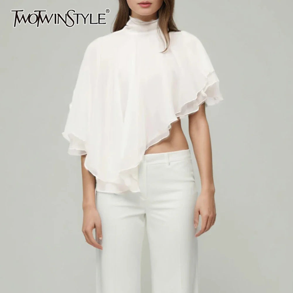 Solid Loose Spliced Lace Up Elegant Blouses for Women High Neck Sleeveless Irregular Blouse Female Fashion Clothing