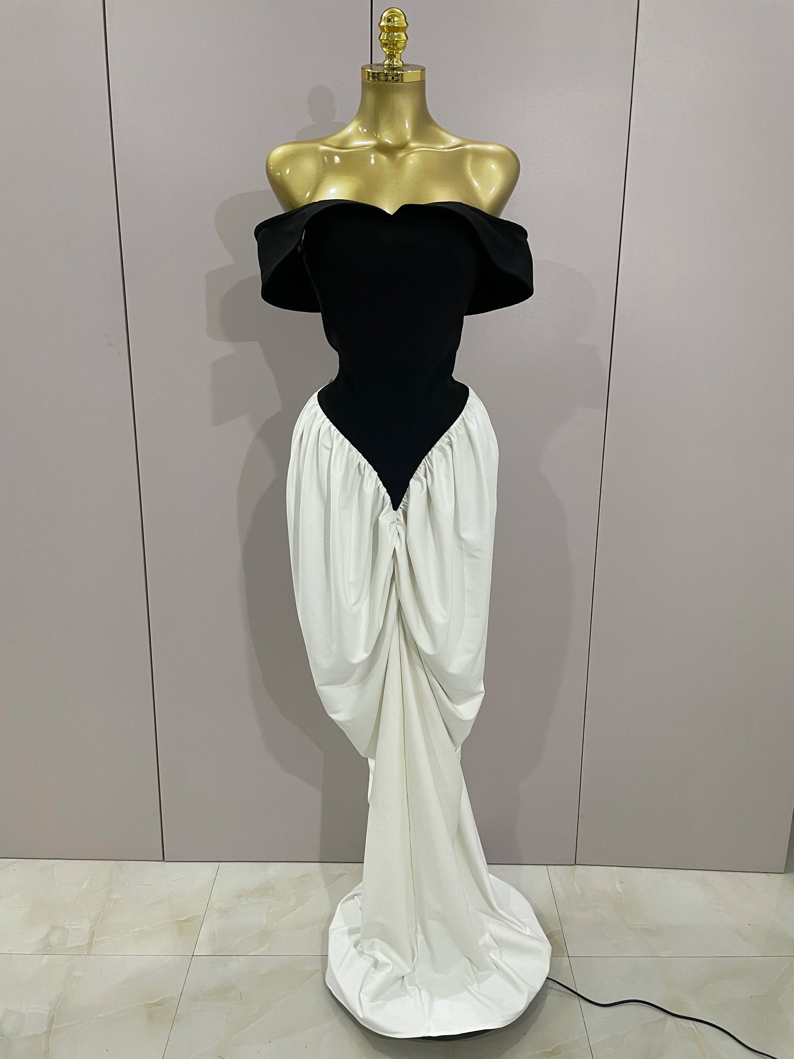Sexy V Neck off-The-Shoulder Black And White Splicing Mermaid Floor-length dress 2025 Women Formal Evening Birthday Party Dress black