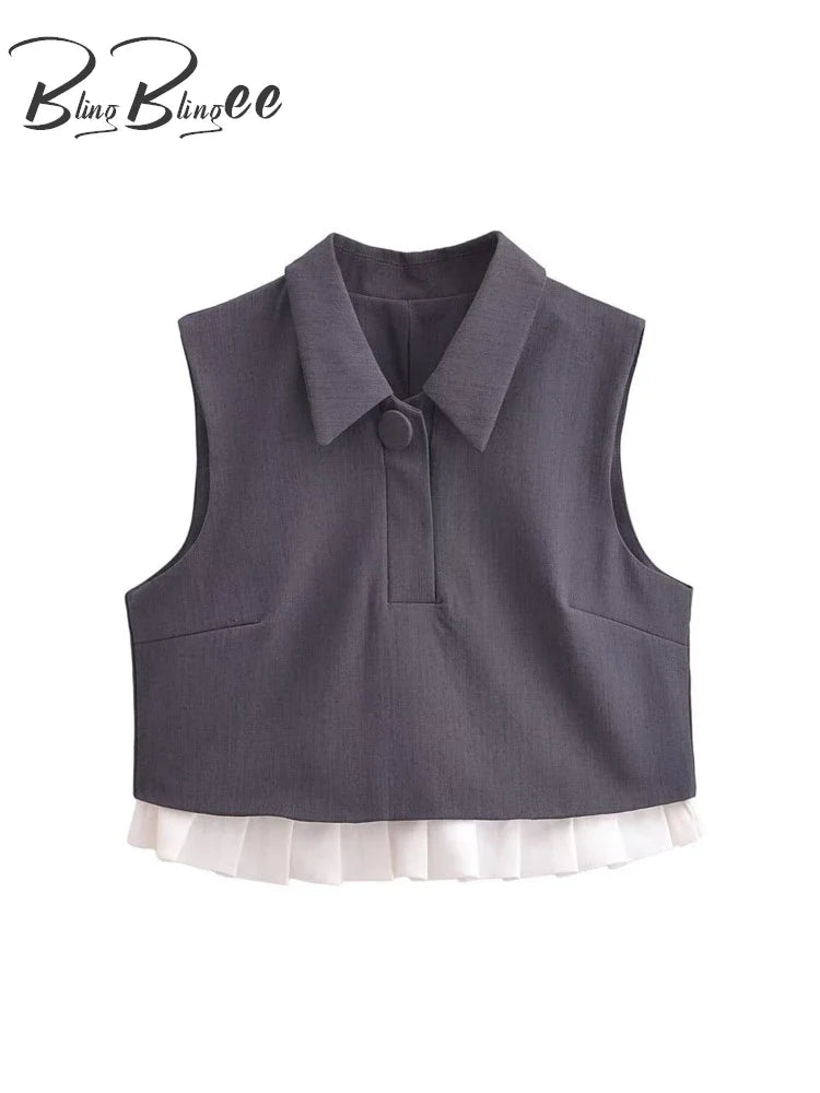 BlingBlingee Summer Women Sleeveless Shirt Mini Skirt Suits Traf Pleated Patchwork Slim Female Crop Top Tanks Sets Y2K Grey