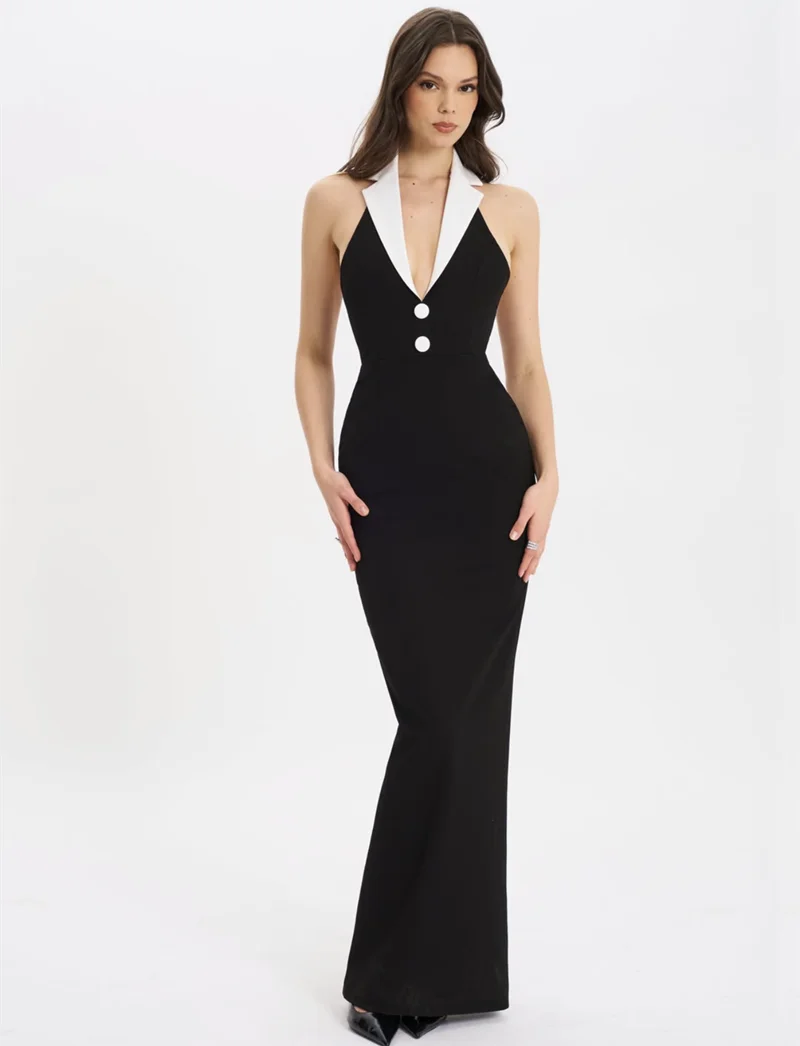 Black Color Women Sexy Halter Backless V-Neck Bodycon Long Bandage Maxi Dress High Street Elegant Evening Party Wear