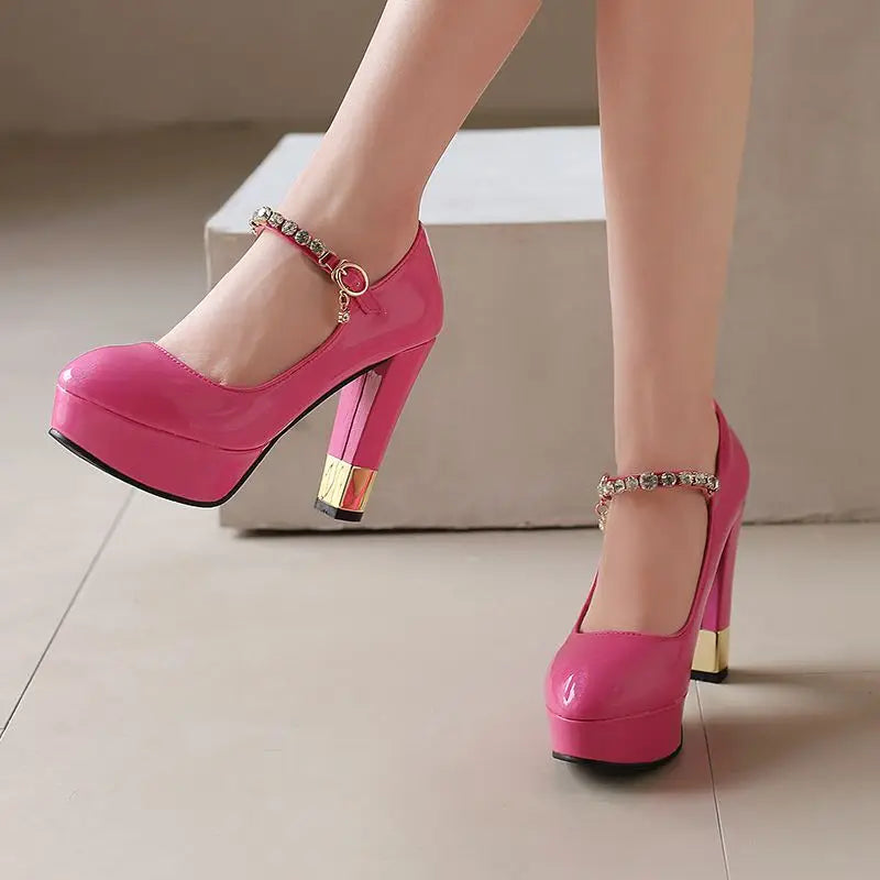 SIMLOVEYO Patent Leather Women Pumps Round Toe High Heels 11.5cm Platform Buckle Strap Size 49 50 Sexy Party Shoes