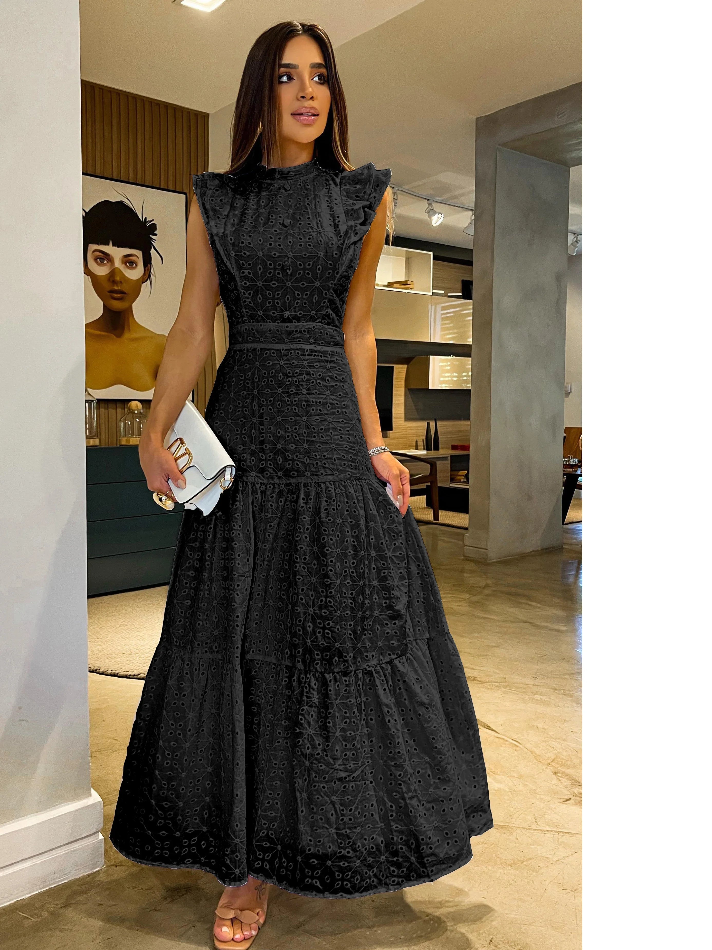 Bohemian Solid Hollow Out Elegant Women Dress O Neck Flying Sleeve Button Long Dress Summer Chic Casual Beach Women Clothing Blue