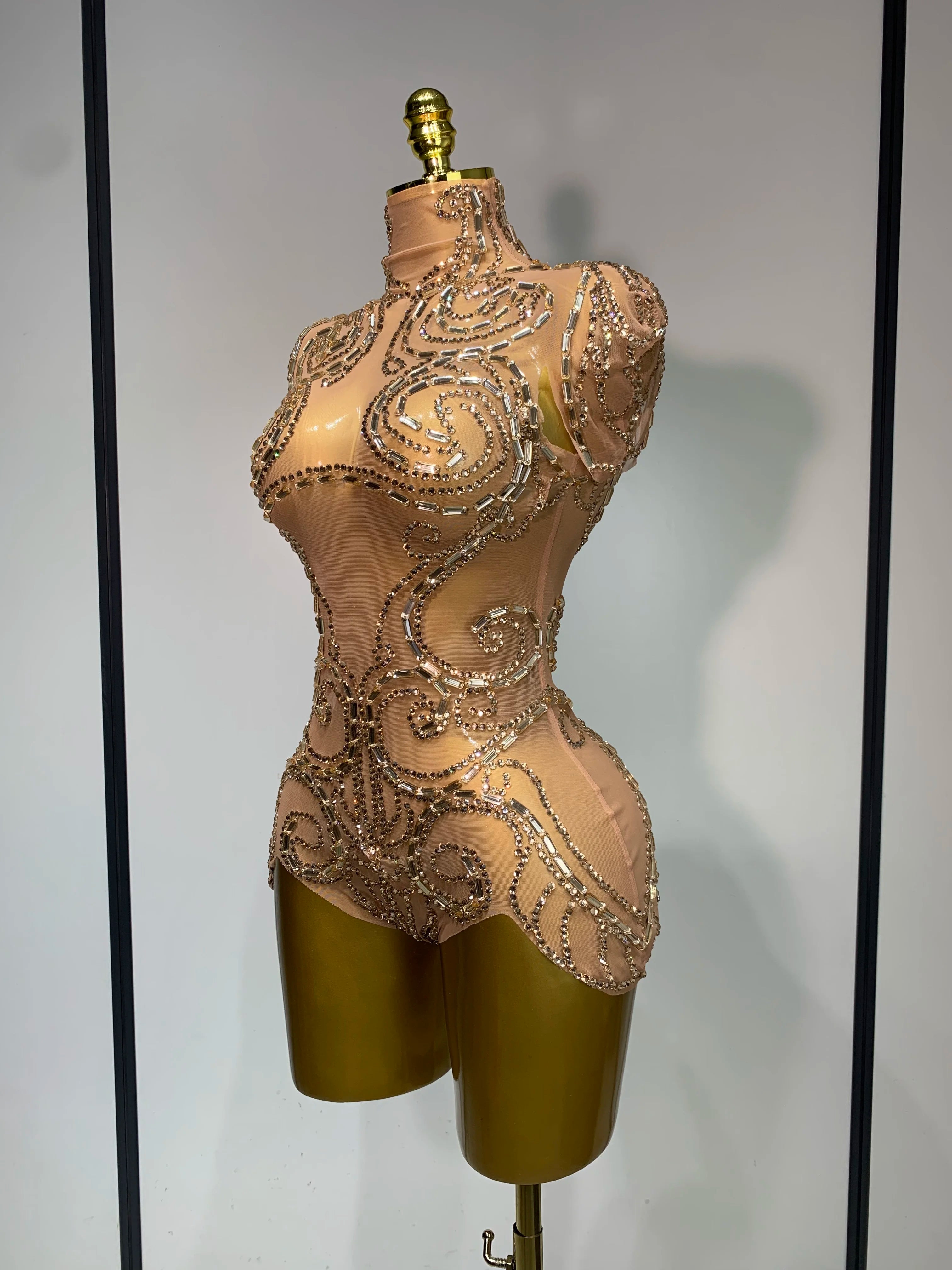 Shining Rhinestone Bodysuit Sexy Mesh See Through Dancer Birthday Evening Party Celebrate Performance Nightclub Stage Outfit