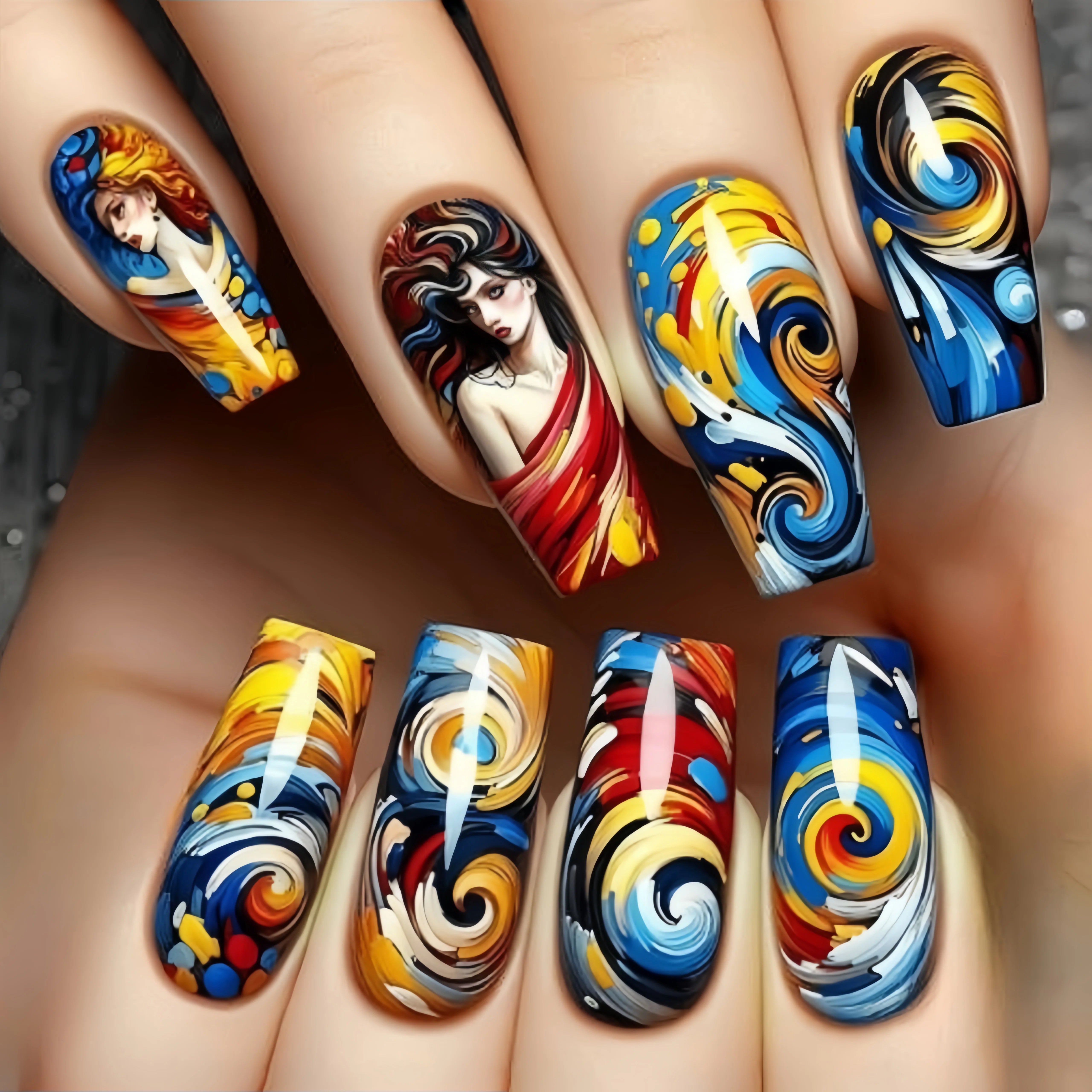 Medium and long square-shaped European manicure, fashionable manicure for New Year and spring and summer, purple gradient flower Red